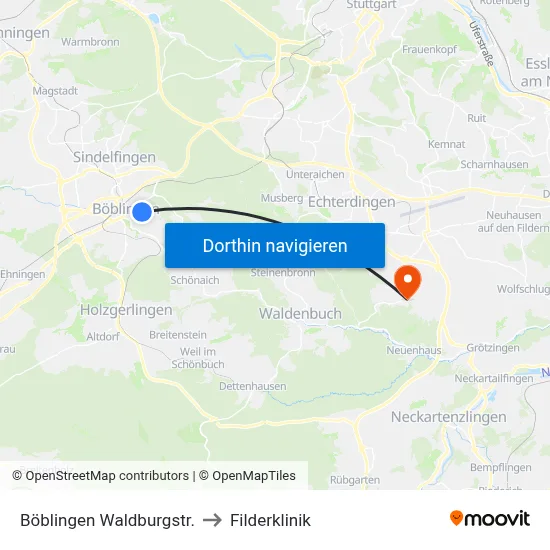 Böblingen Waldburgstr. to Filderklinik map