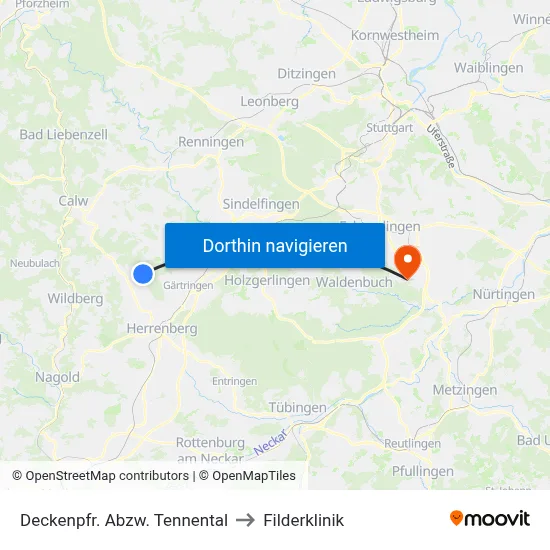 Deckenpfr. Abzw. Tennental to Filderklinik map