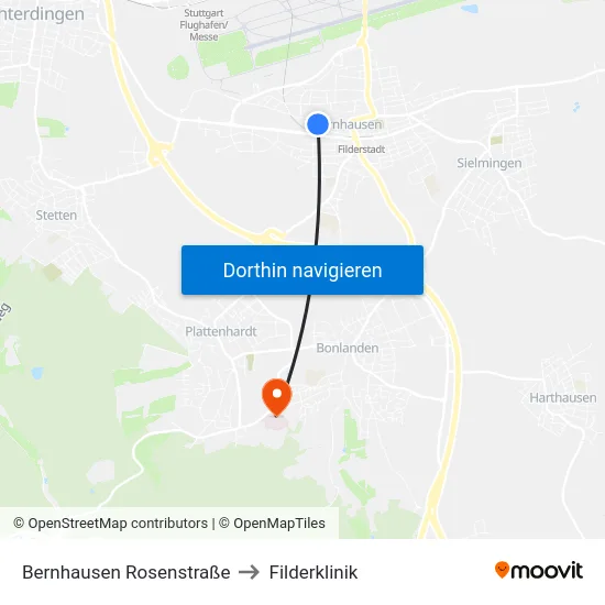 Bernhausen Rosenstraße to Filderklinik map