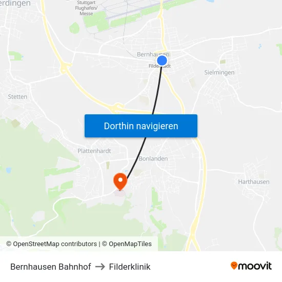 Bernhausen Bahnhof to Filderklinik map