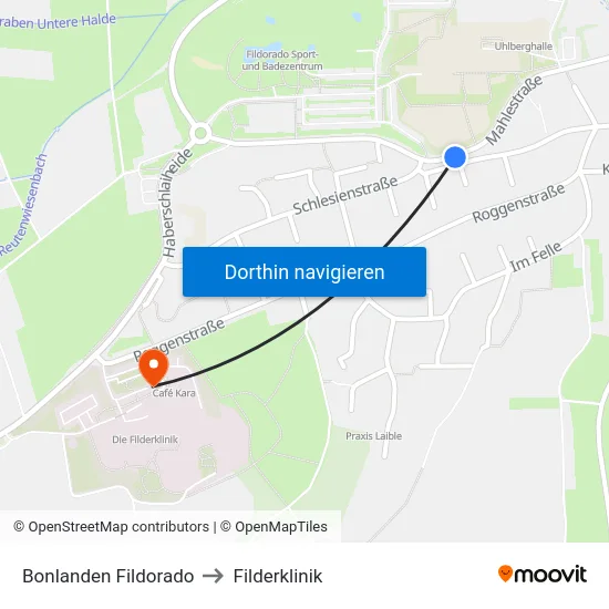 Bonlanden Fildorado to Filderklinik map