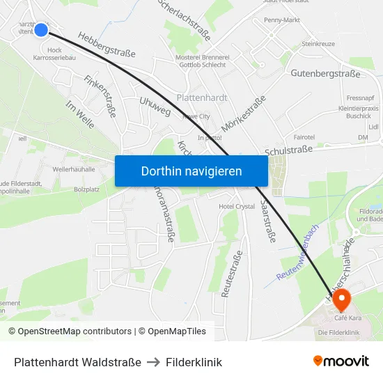 Plattenhardt Waldstraße to Filderklinik map