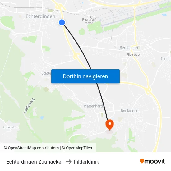 Echterdingen Zaunacker to Filderklinik map