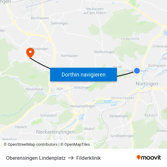Oberensingen Lindenplatz to Filderklinik map