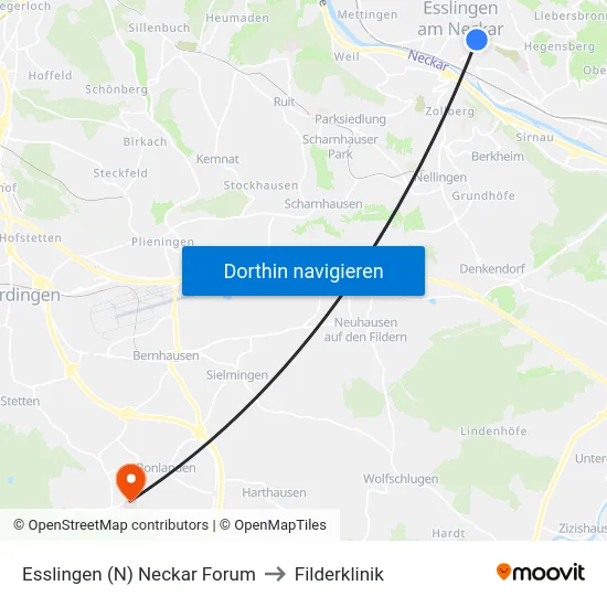 Esslingen (N) Neckar Forum to Filderklinik map