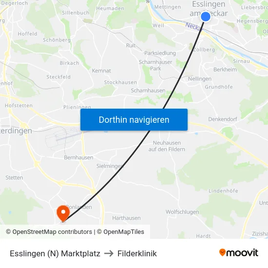 Esslingen (N) Marktplatz to Filderklinik map