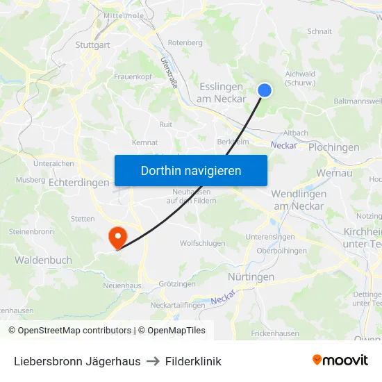 Liebersbronn Jägerhaus to Filderklinik map