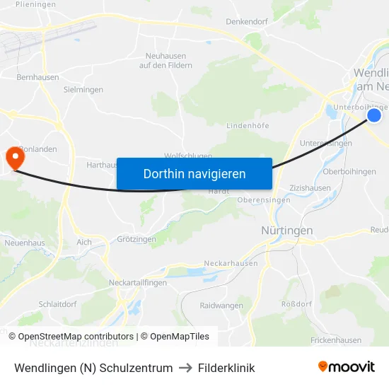 Wendlingen (N) Schulzentrum to Filderklinik map