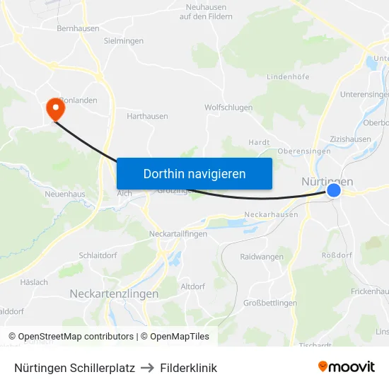 Nürtingen Schillerplatz to Filderklinik map