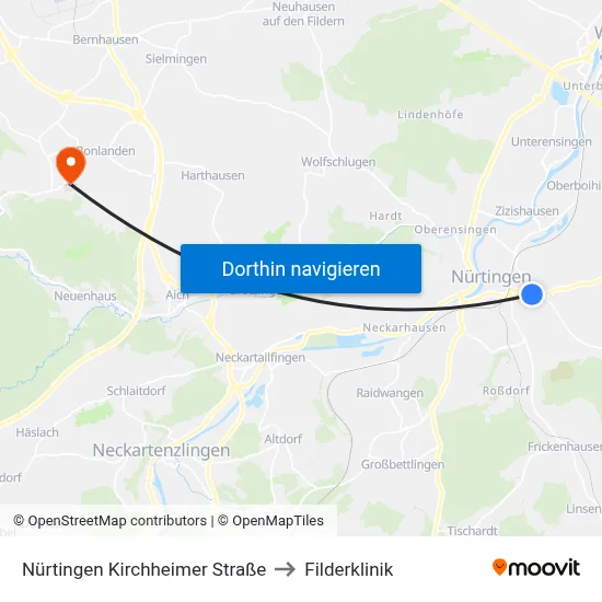 Nürtingen Kirchheimer Straße to Filderklinik map