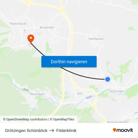 Grötzingen Schönblick to Filderklinik map