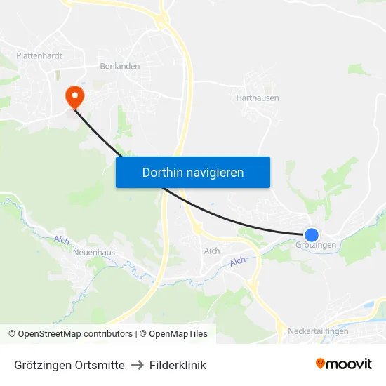 Grötzingen Ortsmitte to Filderklinik map