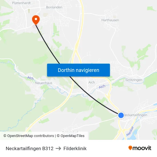 Neckartailfingen B312 to Filderklinik map