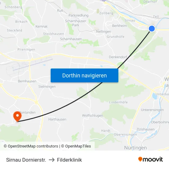 Sirnau Dornierstr. to Filderklinik map