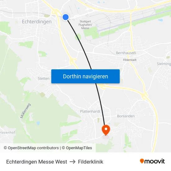 Echterdingen Messe West to Filderklinik map