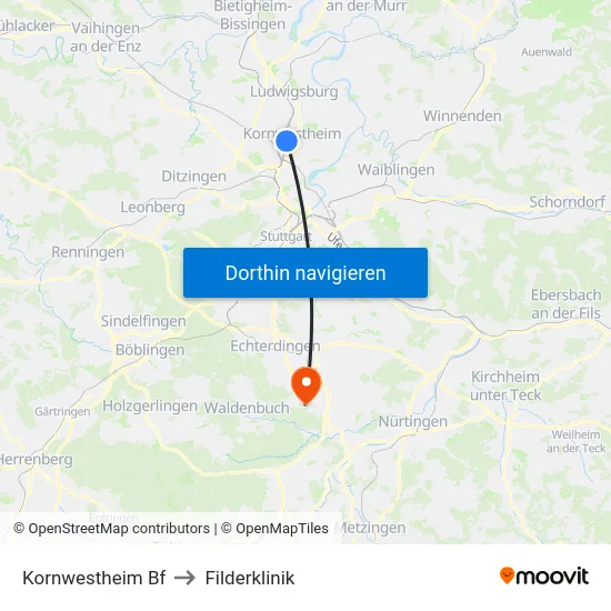 Kornwestheim Bf to Filderklinik map