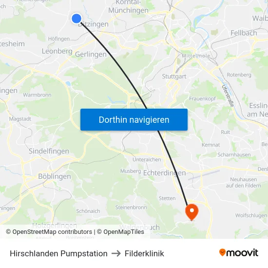 Hirschlanden Pumpstation to Filderklinik map