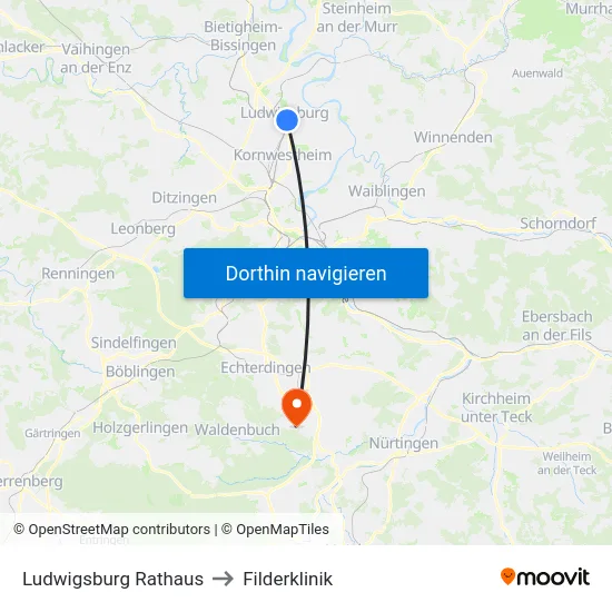 Ludwigsburg Rathaus to Filderklinik map
