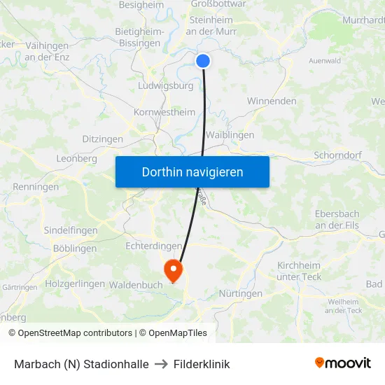 Marbach (N) Stadionhalle to Filderklinik map