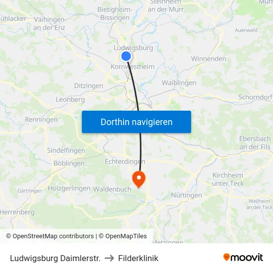 Ludwigsburg Daimlerstr. to Filderklinik map