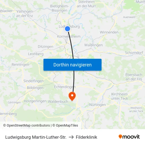 Ludwigsburg Martin-Luther-Str. to Filderklinik map