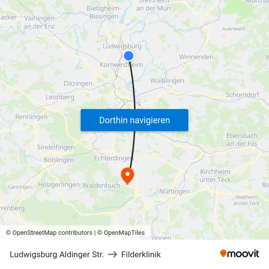 Ludwigsburg Aldinger Str. to Filderklinik map