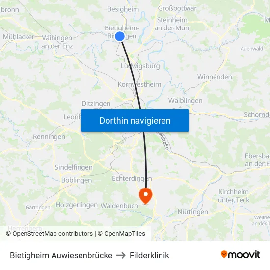Bietigheim Auwiesenbrücke to Filderklinik map