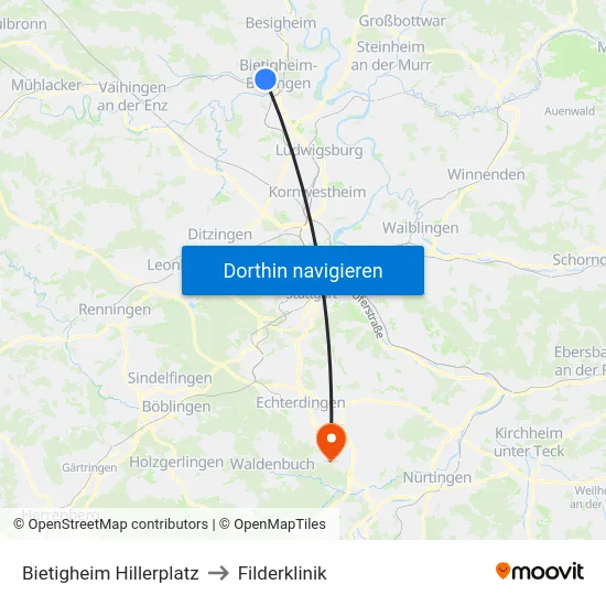 Bietigheim Hillerplatz to Filderklinik map
