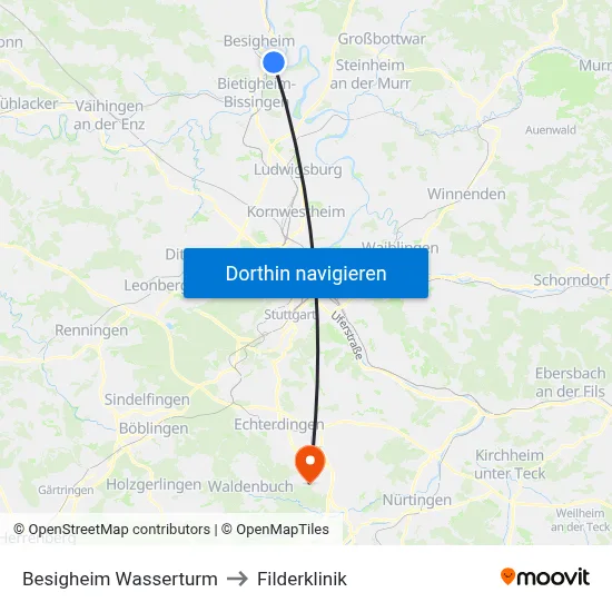 Besigheim Wasserturm to Filderklinik map