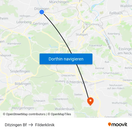Ditzingen Bf to Filderklinik map