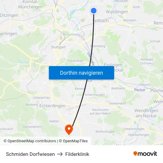 Schmiden Dorfwiesen to Filderklinik map
