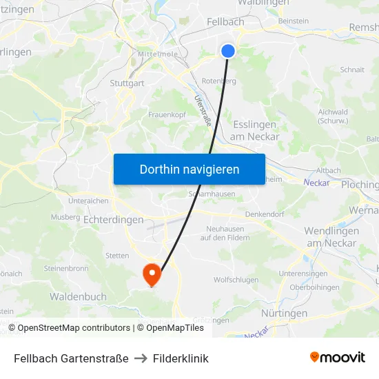 Fellbach Gartenstraße to Filderklinik map