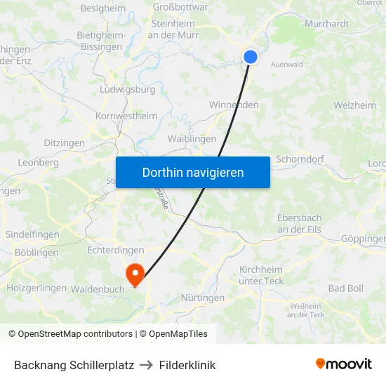 Backnang Schillerplatz to Filderklinik map