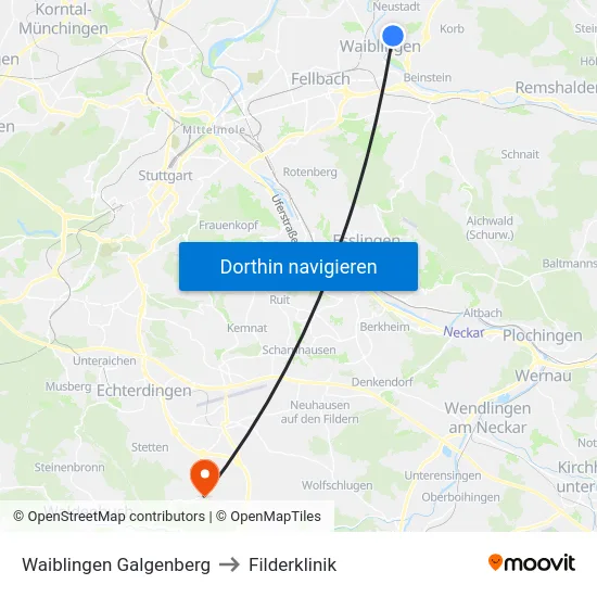 Waiblingen Galgenberg to Filderklinik map