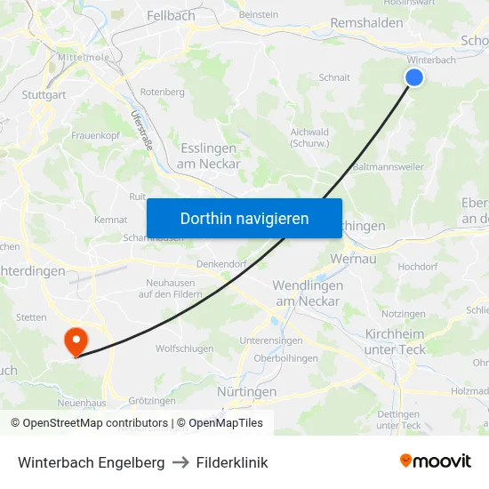 Winterbach Engelberg to Filderklinik map