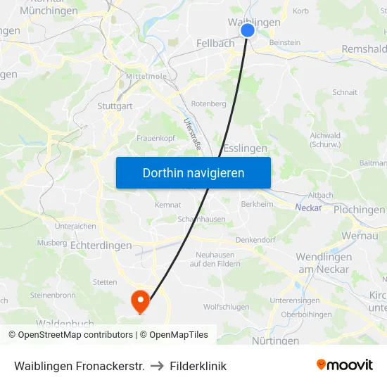 Waiblingen Fronackerstr. to Filderklinik map