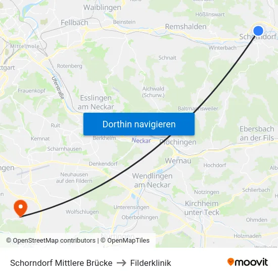 Schorndorf Mittlere Brücke to Filderklinik map
