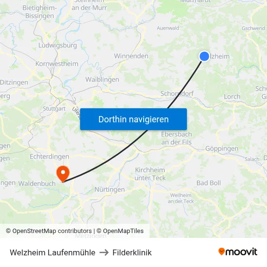 Welzheim Laufenmühle to Filderklinik map