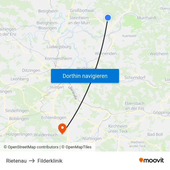 Rietenau to Filderklinik map