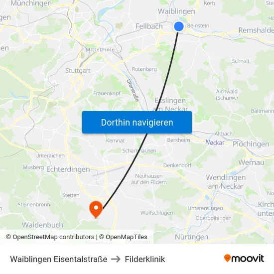 Waiblingen Eisentalstraße to Filderklinik map