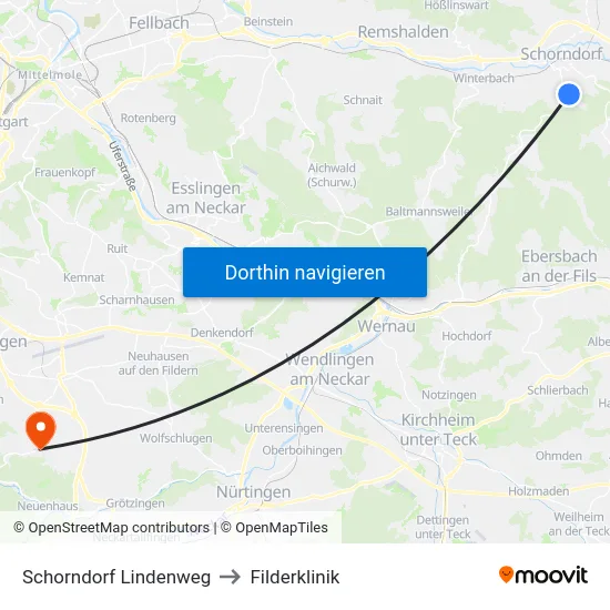 Schorndorf Lindenweg to Filderklinik map