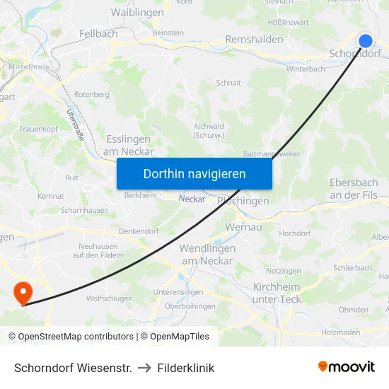 Schorndorf Wiesenstr. to Filderklinik map