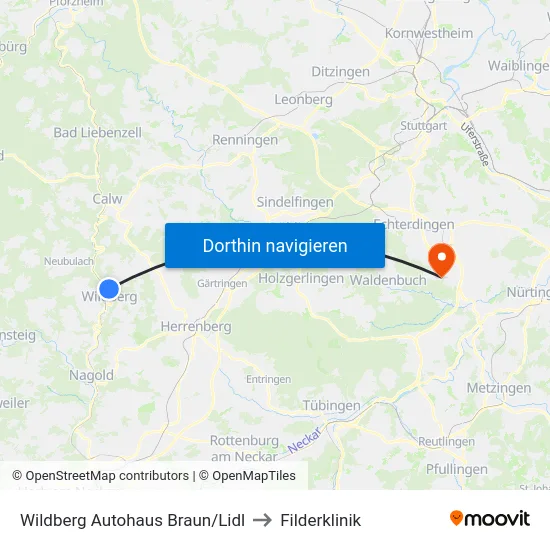 Wildberg Autohaus Braun/Lidl to Filderklinik map