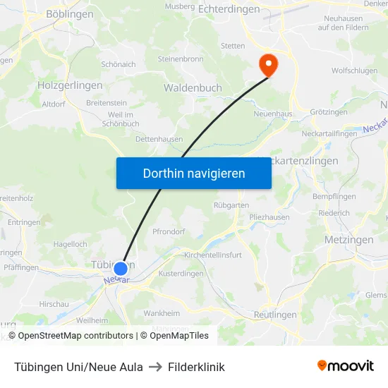 Tübingen Uni/Neue Aula to Filderklinik map