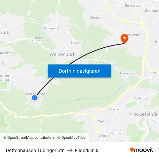 Dettenhausen Tübinger Str. to Filderklinik map