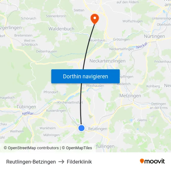 Reutlingen-Betzingen to Filderklinik map