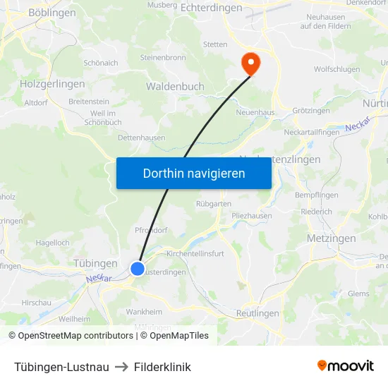 Tübingen-Lustnau to Filderklinik map