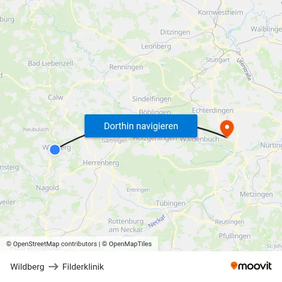 Wildberg to Filderklinik map