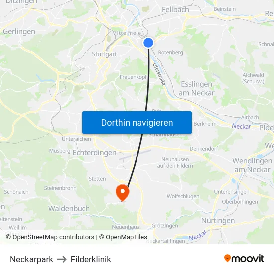 Neckarpark to Filderklinik map