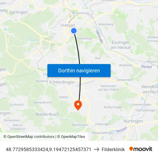 48.7729585333424,9.19472125457371 to Filderklinik map